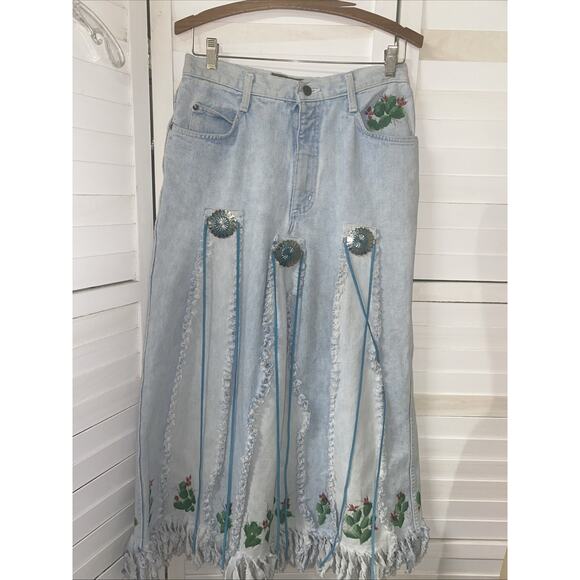 Upcycled Homemade Denim Maxi Skirt Southwest Concha Hand painted Sz Medium - Picture 1 of 10